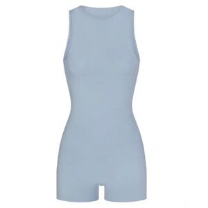 NEW SKIMS Raw Edge Onesie Denim Light Blue Sleeveless Bodysuit Open Back Large